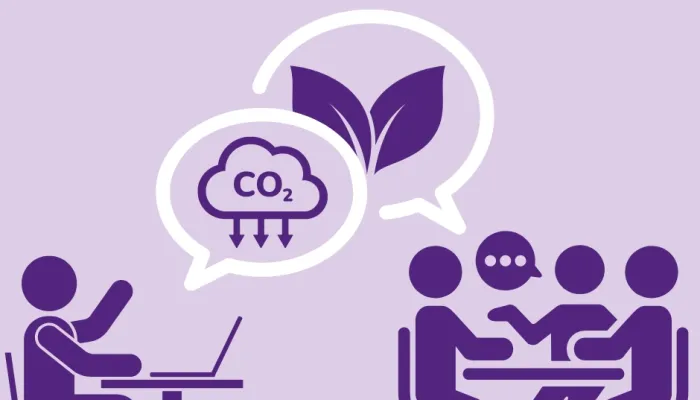 A person on a laptop speaking about carbon reduction and a group of people at a table talking about nature