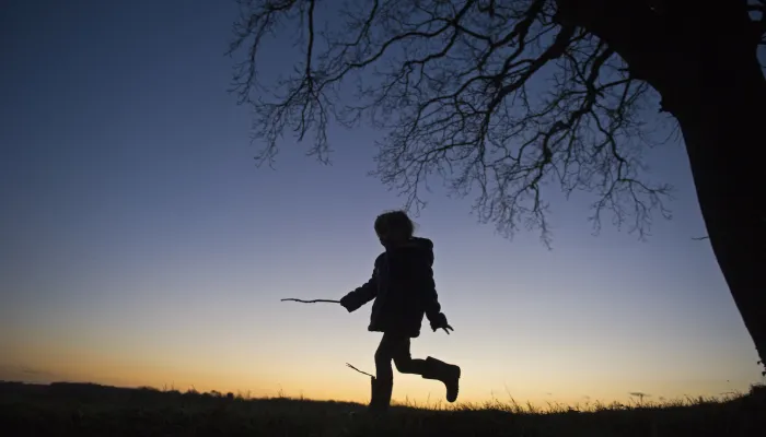 A child in coat and boots runs under a tree, silhouetted against the sunset