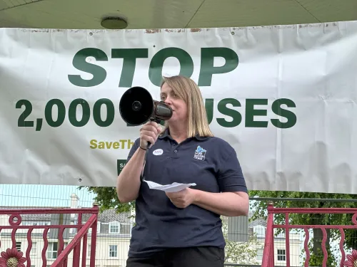 Helen pitman with megaphone at keep blean green protest