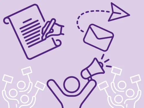 A person with a megaphone and symbols for signing petition and sending email